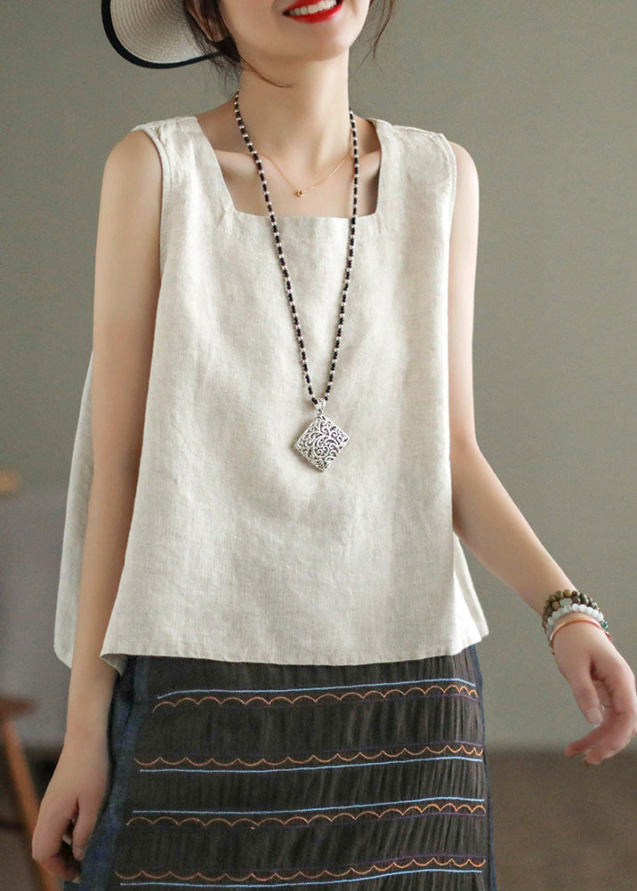 Loose Linen Colour Square Collar Solid Linen Tops Summer