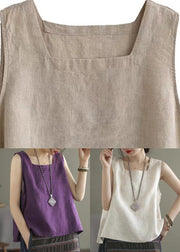 Loose Linen Colour Square Collar Solid Linen Tops Summer