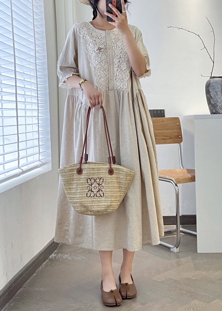 Loose Linen O Neck Lace Patchwork Linen Long Dresses Summer