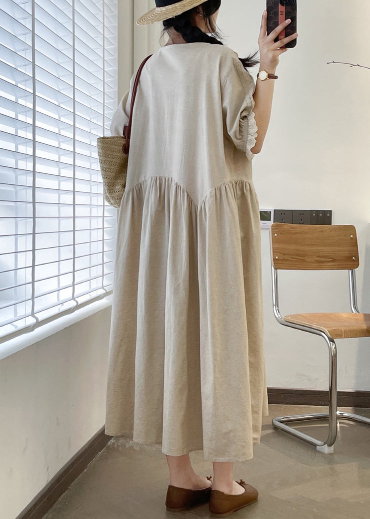 Loose Linen O Neck Lace Patchwork Linen Long Dresses Summer