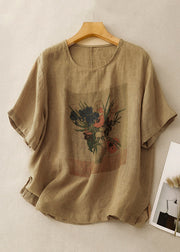 Loose Linen O Neck Print Side Open Linen T Shirts Summer