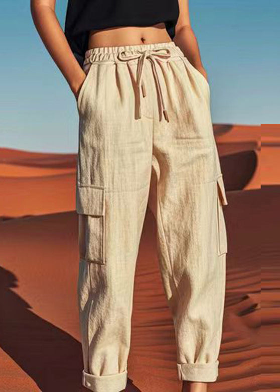 Loose Linen Pockets Patchwork Tie Waist Crop Pants Summer