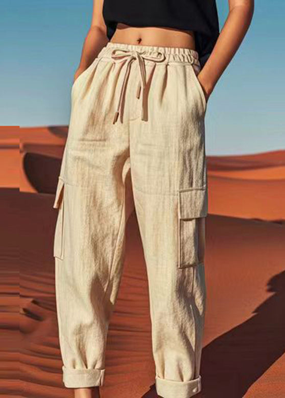 Loose Linen Pockets Patchwork Tie Waist Crop Pants Summer