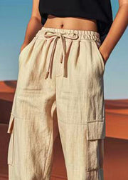 Loose Linen Pockets Patchwork Tie Waist Crop Pants Summer