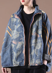 Loose Make Old Blue Stand Collar Zippered Print Denim Coats Long Sleeve