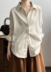 Loose Milky White Peter Pan Collar Button Cotton Shirt Long Sleeve