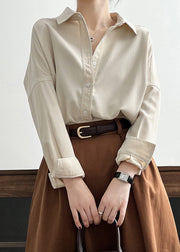 Loose Milky White Peter Pan Collar Button Cotton Shirt Long Sleeve