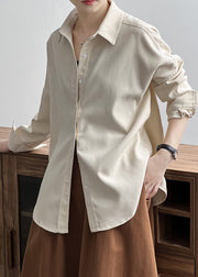 Loose Milky White Peter Pan Collar Button Cotton Shirt Long Sleeve