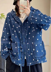 Loose Multi Hooded Ruffled Print Lace Up Denim Coat Spring