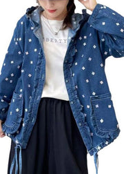 Loose Multi Hooded Ruffled Print Lace Up Denim Coat Spring