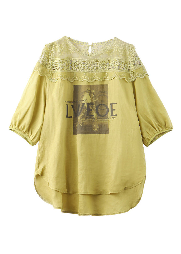 Loose Mustard Print Hollow Out Linen Tops Summer