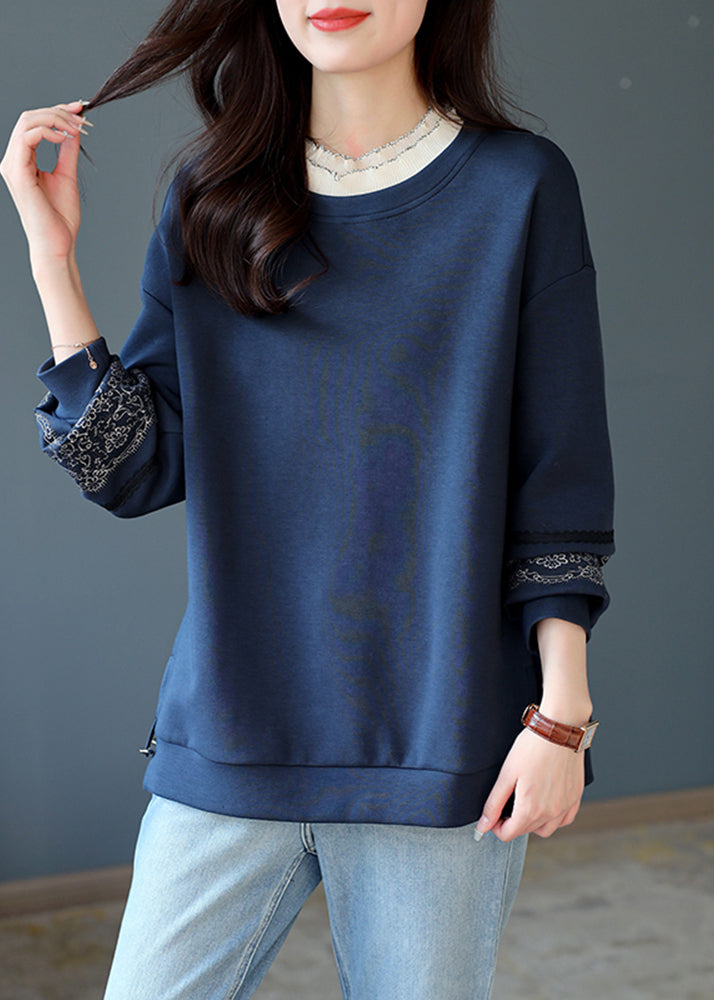 Loose Navy Blue O-Neck Lace Patchwork Bright Silk Sweatshirts Long Sleeve