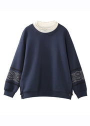 Loose Navy Blue O-Neck Lace Patchwork Bright Silk Sweatshirts Long Sleeve