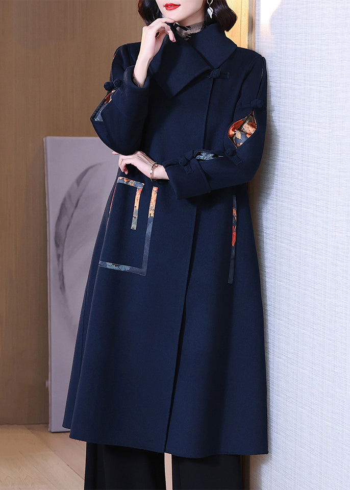 Loose Navy Button Pockets Wool Coats Long Sleeve