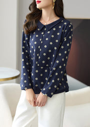 Loose Navy Dot Patchwork Cotton Top Long Sleeve