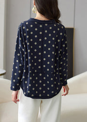 Loose Navy Dot Patchwork Cotton Top Long Sleeve