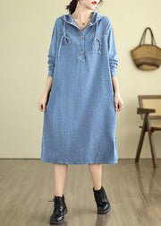 Loose Navy Hooded Button Pockets Denim Dresses Fall