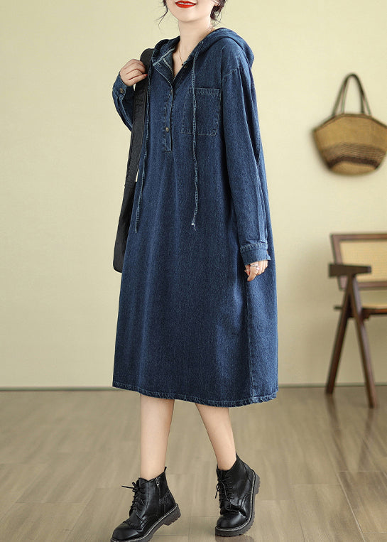 Loose Navy Hooded Button Pockets Denim Dresses Fall