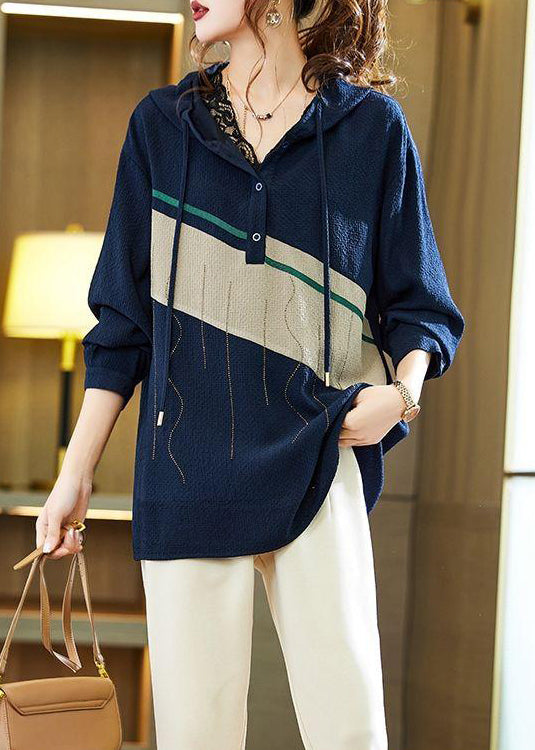 Loose Navy Hooded Button Zircon Patchwork Top Fall