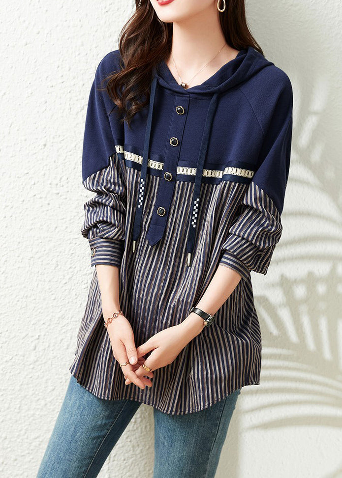 Loose Navy Neck Tie Striped Patchwork Hooded Sweatshirts Long Sleeve