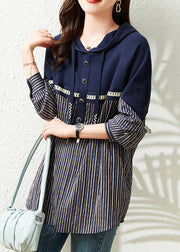 Loose Navy Neck Tie Striped Patchwork Hooded Sweatshirts Long Sleeve