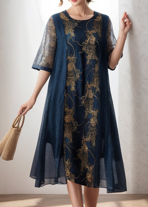 Loose Navy O Neck Print Patchwork Silk Dress Summer