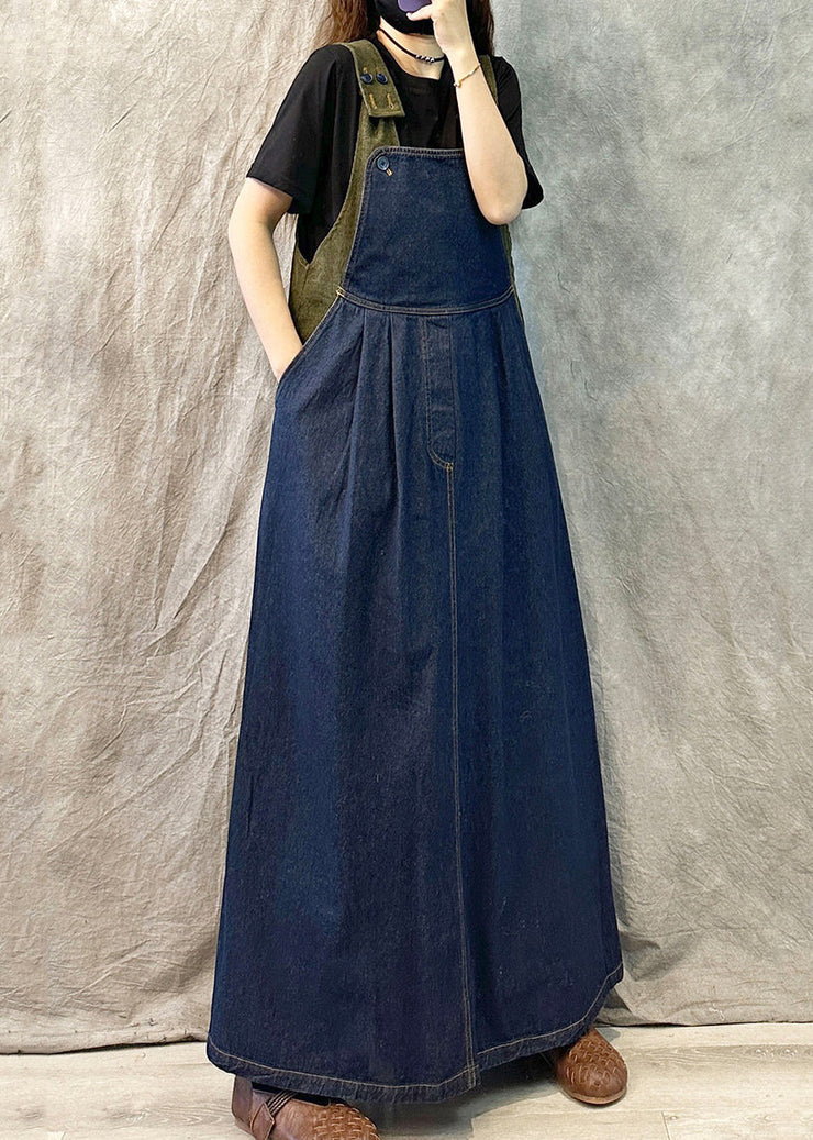 Loose Navy Patchwork Denim Dress With Straps Spring Summer