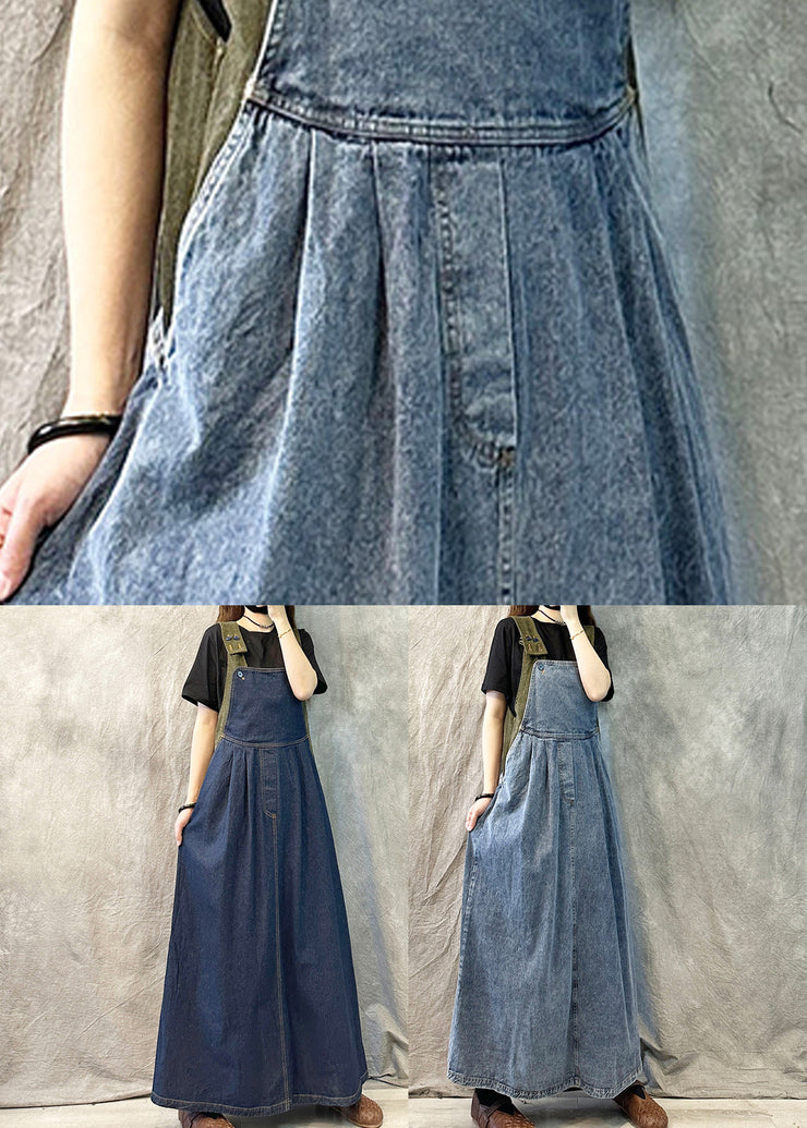 Loose Navy Patchwork Denim Dress With Straps Spring Summer