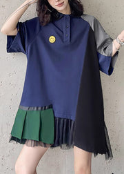 Loose Navy Peter Pan Collar Asymmetrical Patchwork Cotton Mid Dress Summer