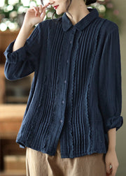 Loose Navy Peter Pan Collar Lace Patchwork Cotton Shirt Long Sleeve