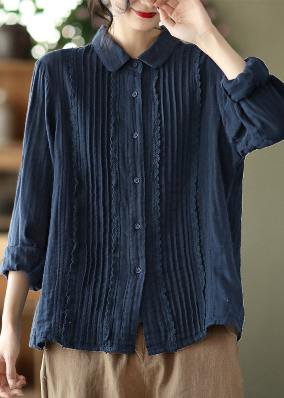 Loose Navy Peter Pan Collar Lace Patchwork Cotton Shirt Long Sleeve