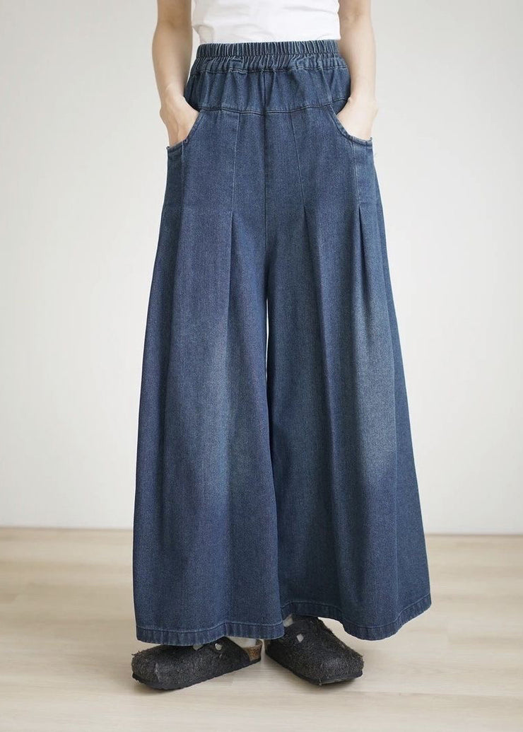 Loose Navy Pockets Wrinkled Denim Wide Leg Pants Summer