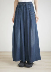 Loose Navy Pockets Wrinkled Denim Wide Leg Pants Summer