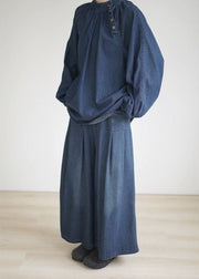 Loose Navy Pockets Wrinkled Denim Wide Leg Pants Summer