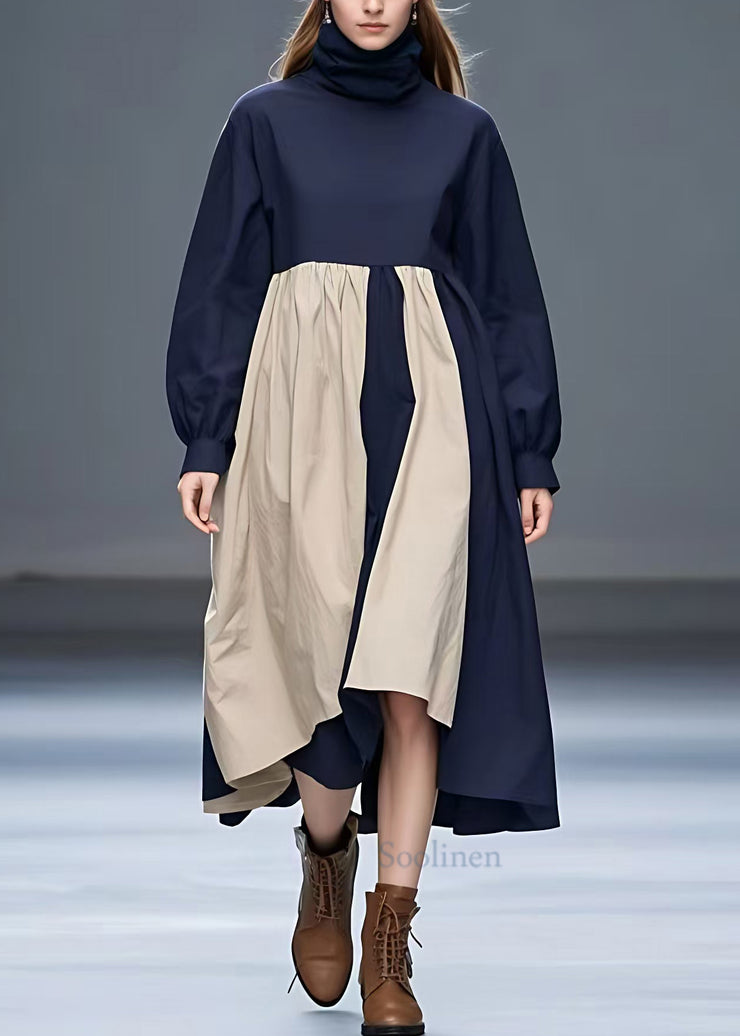 Loose Navy Turtleneck Patchwork Cotton Long Dress Fall