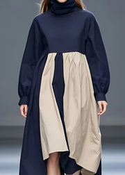 Loose Navy Turtleneck Patchwork Cotton Long Dress Fall