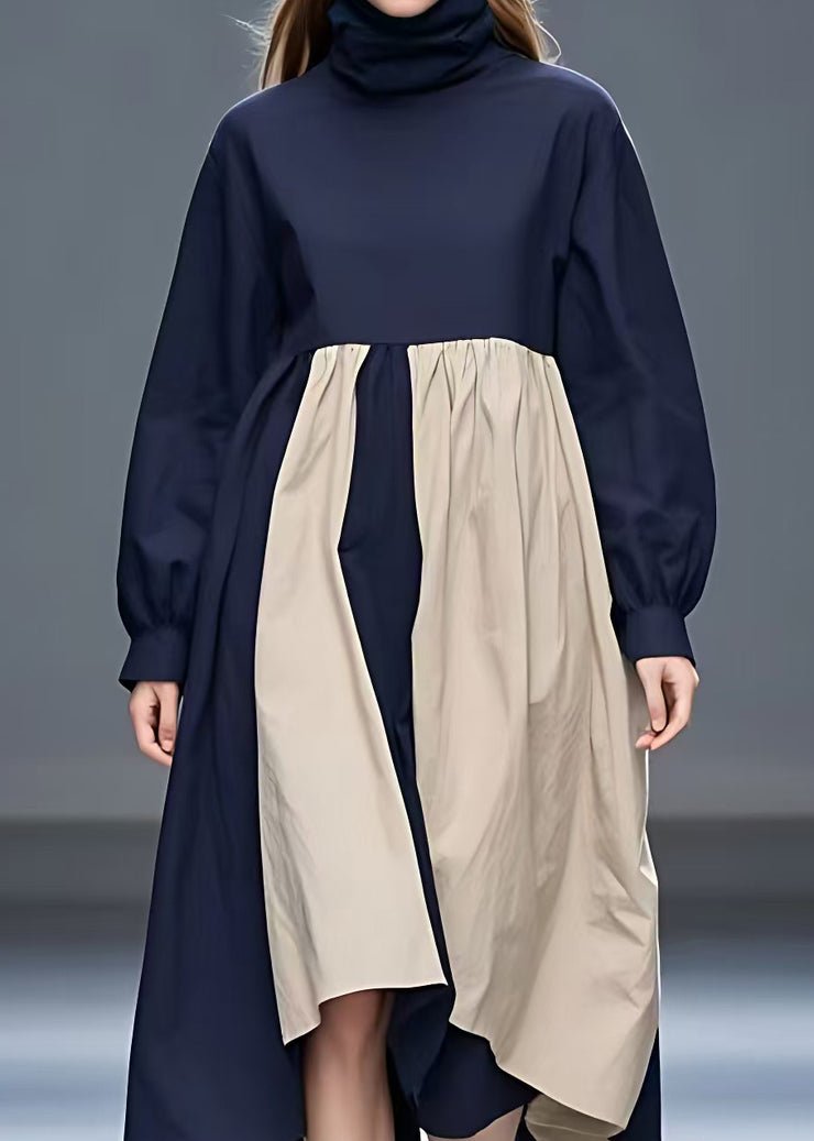 Loose Navy Turtleneck Patchwork Cotton Long Dress Fall