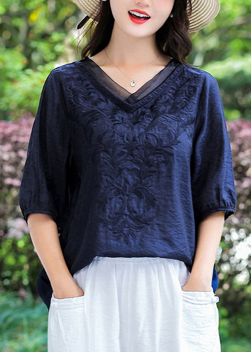 Loose Navy V Neck Embroideried Patchwork Cotton T Shirt Half Sleeve