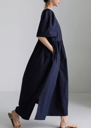 Loose Navy V Neck Wrinkled Button Cotton Maxi Dresses Short Sleeve