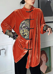 Loose Orange Embroidered Button Silk Velour Shirt Long Sleeve