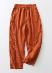 Loose Orange Embroideried Elastic Waist Cotton Harem Pants Summer