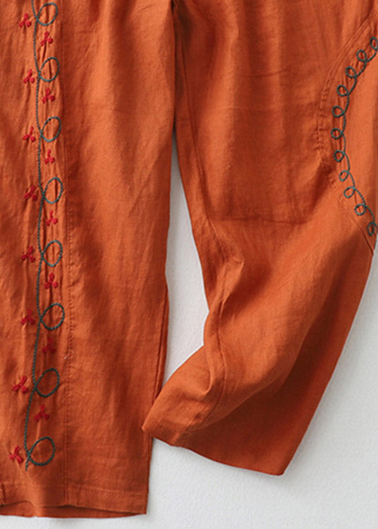 Loose Orange Embroideried Elastic Waist Cotton Harem Pants Summer