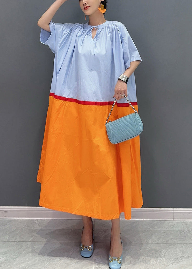 Loose Orange Lace Up Patchwork Cotton Long Dresses Summer