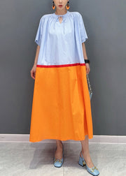 Loose Orange Lace Up Patchwork Cotton Long Dresses Summer