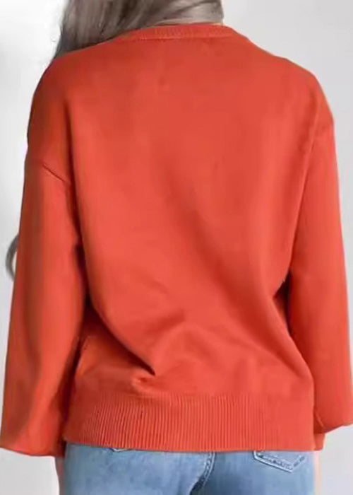 Loose Orange O Neck Cozy Knit Sweater Long Sleeve