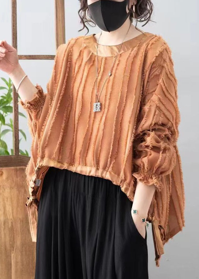 Loose Orange O Neck Drawstring Cotton T Shirts Long Sleeve