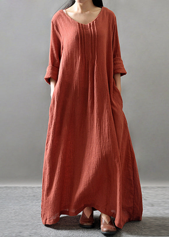 Loose Orange O-Neck Long Dress Spring