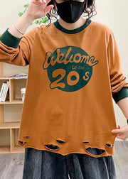 Loose Orange O Neck Print Cotton T Shirt Fall