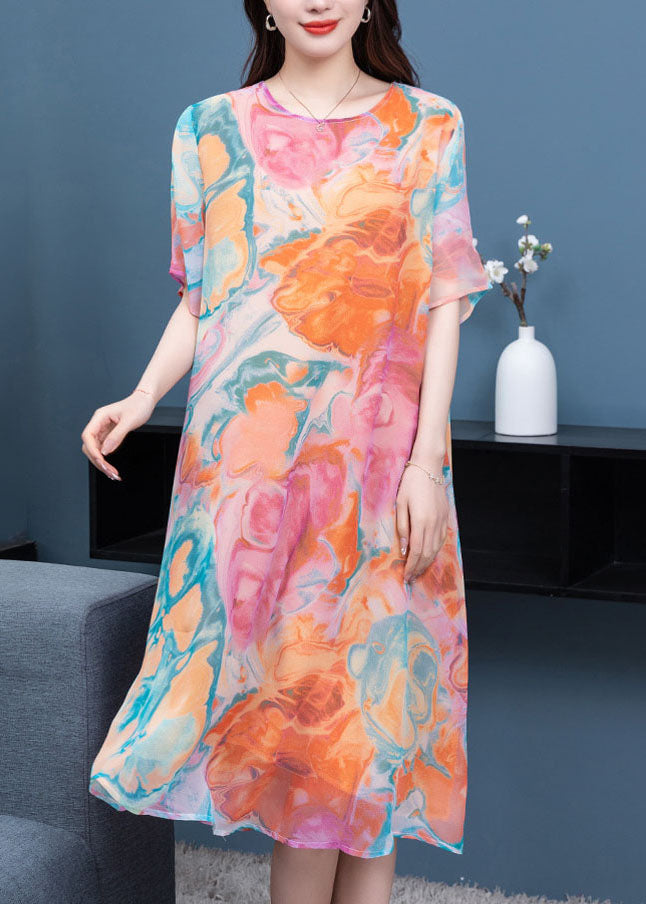 Loose Orange O Neck Print Patchwork Chiffon Mid Dress Summer