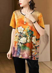 Loose Orange O Neck Print Patchwork Silk T Shirt Summer